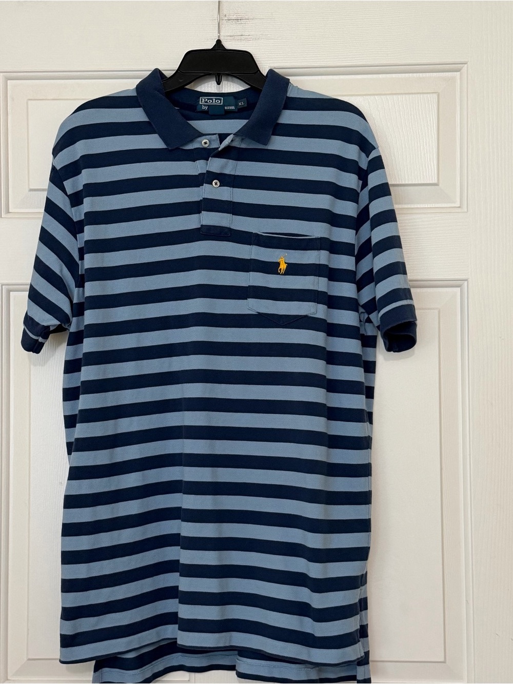 Vintage Polo Ralph Lauren Light Navy Blue Striped Pocket Polo Shirt Size XL